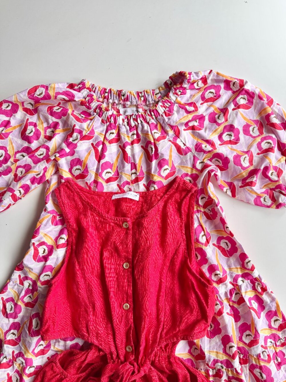 Lot of 2 Girls' ZARA Size 13-14 Dresses - Pink Floral Poplin, Red Linen